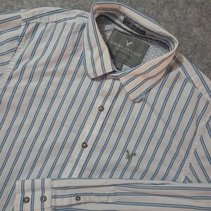 American Eagle Button Down Men Large Tall Blue White Striped Vintage Fit Shirt‎